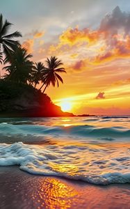 Preview wallpaper sea, waves, palm trees, tropics, sun, sunset