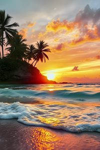 Preview wallpaper sea, waves, palm trees, tropics, sun, sunset