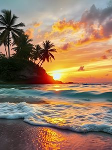 Preview wallpaper sea, waves, palm trees, tropics, sun, sunset