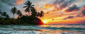 Preview wallpaper sea, waves, palm trees, tropics, sun, sunset