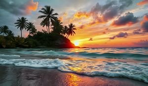 Preview wallpaper sea, waves, palm trees, tropics, sun, sunset