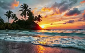 Preview wallpaper sea, waves, palm trees, tropics, sun, sunset