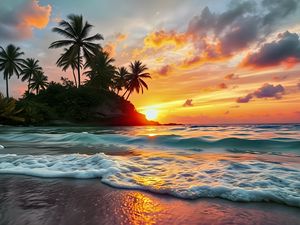 Preview wallpaper sea, waves, palm trees, tropics, sun, sunset