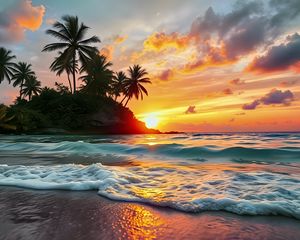 Preview wallpaper sea, waves, palm trees, tropics, sun, sunset