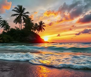 Preview wallpaper sea, waves, palm trees, tropics, sun, sunset