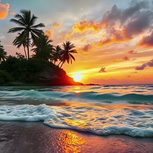 Preview wallpaper sea, waves, palm trees, tropics, sun, sunset