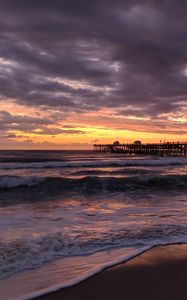 Preview wallpaper sea, waves, pier, shore, evening
