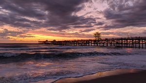 Preview wallpaper sea, waves, pier, shore, evening