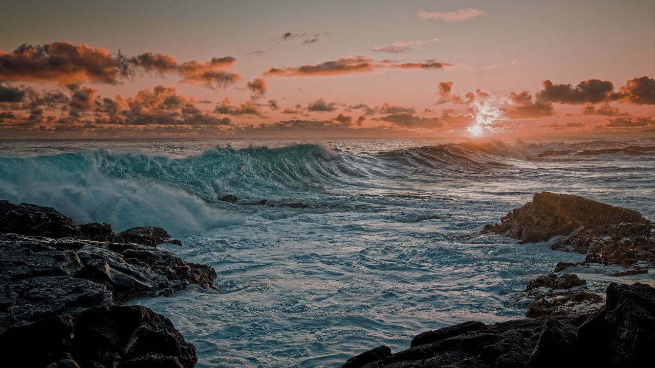 Wallpaper sea, waves, rocks, coast, sunset