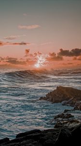 Preview wallpaper sea, waves, rocks, coast, sunset