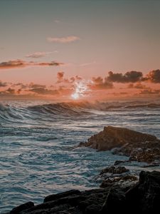 Preview wallpaper sea, waves, rocks, coast, sunset