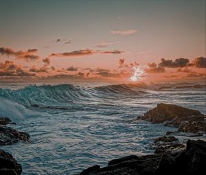 Preview wallpaper sea, waves, rocks, coast, sunset