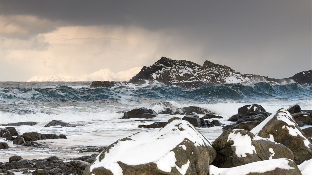 Wallpaper sea, waves, rocks, stones, snow