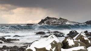 Preview wallpaper sea, waves, rocks, stones, snow