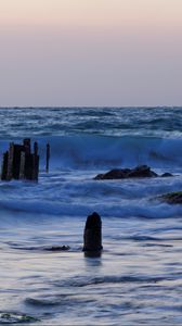 Preview wallpaper sea, waves, rocks, ship