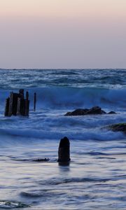 Preview wallpaper sea, waves, rocks, ship