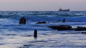 Preview wallpaper sea, waves, rocks, ship