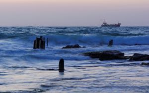 Preview wallpaper sea, waves, rocks, ship