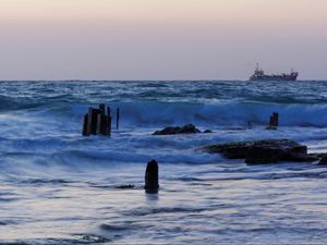 Preview wallpaper sea, waves, rocks, ship