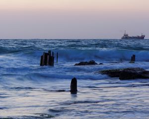 Preview wallpaper sea, waves, rocks, ship