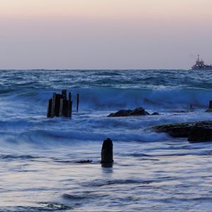 Preview wallpaper sea, waves, rocks, ship