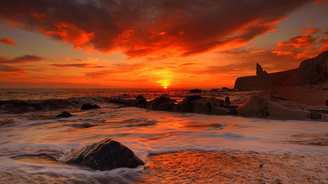 Wallpaper sea, waves, rocks, beach, sunrise