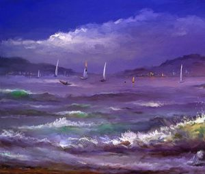 Preview wallpaper sea, waves, sailboats, canvas, art