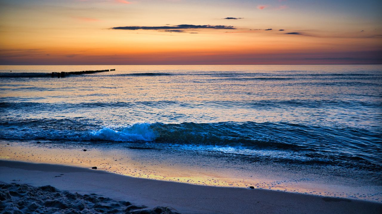 Wallpaper sea, waves, sand, coast, sky, sunset, nature