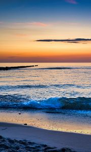 Preview wallpaper sea, waves, sand, coast, sky, sunset, nature