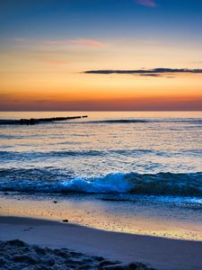 Preview wallpaper sea, waves, sand, coast, sky, sunset, nature