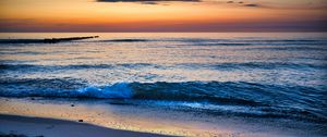 Preview wallpaper sea, waves, sand, coast, sky, sunset, nature