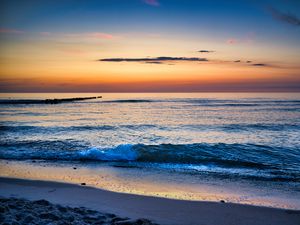 Preview wallpaper sea, waves, sand, coast, sky, sunset, nature