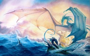 Preview wallpaper sea, waves, ship, dragons
