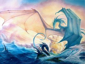 Preview wallpaper sea, waves, ship, dragons