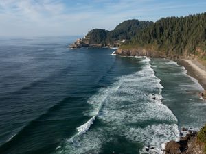Preview wallpaper sea, waves, shore, forest, landscape