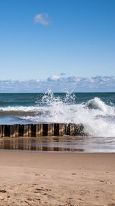 Preview wallpaper sea, waves, splashes, pier, shore
