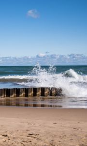 Preview wallpaper sea, waves, splashes, pier, shore