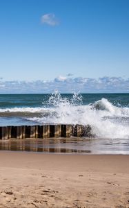 Preview wallpaper sea, waves, splashes, pier, shore