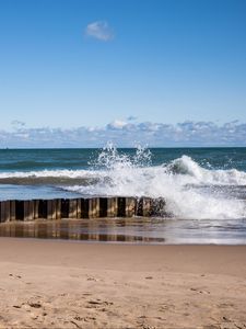 Preview wallpaper sea, waves, splashes, pier, shore