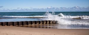 Preview wallpaper sea, waves, splashes, pier, shore