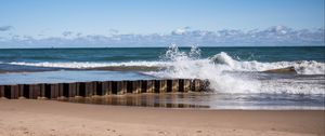 Preview wallpaper sea, waves, splashes, pier, shore