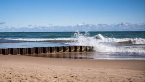 Preview wallpaper sea, waves, splashes, pier, shore