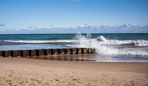 Preview wallpaper sea, waves, splashes, pier, shore