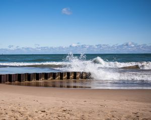 Preview wallpaper sea, waves, splashes, pier, shore