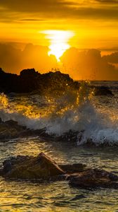Preview wallpaper sea, waves, splashes, stones, sunset