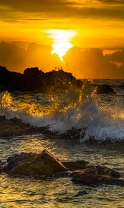Preview wallpaper sea, waves, splashes, stones, sunset
