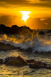 Preview wallpaper sea, waves, splashes, stones, sunset