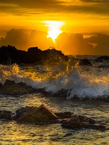 Preview wallpaper sea, waves, splashes, stones, sunset