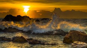 Preview wallpaper sea, waves, splashes, stones, sunset