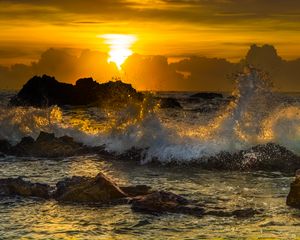 Preview wallpaper sea, waves, splashes, stones, sunset